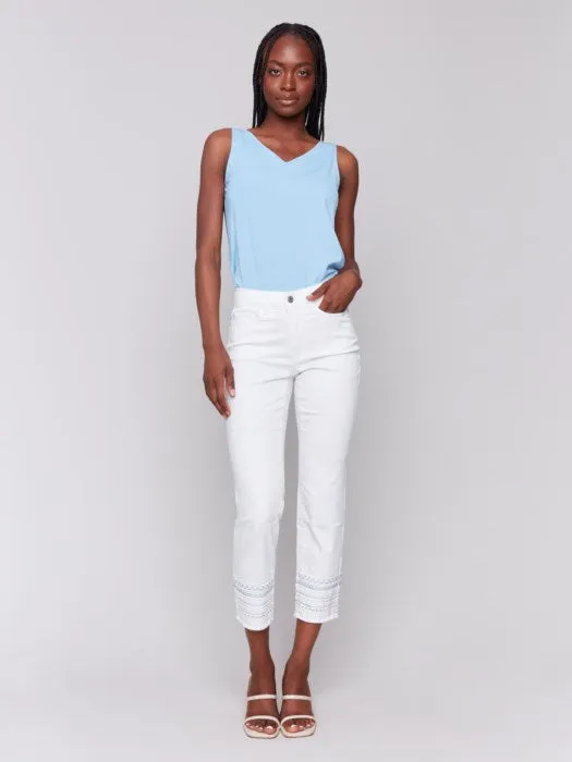 Charlie B White Embroidery Hem Ringspun Stretch Denim Pants