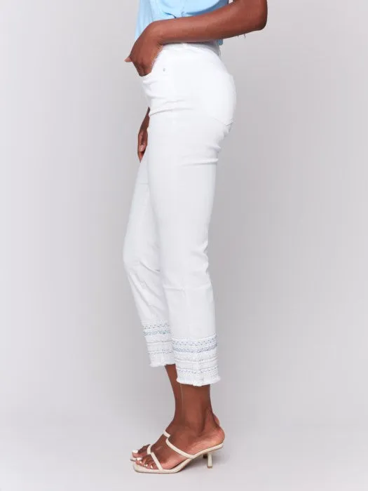 Charlie B White Embroidery Hem Ringspun Stretch Denim Pants