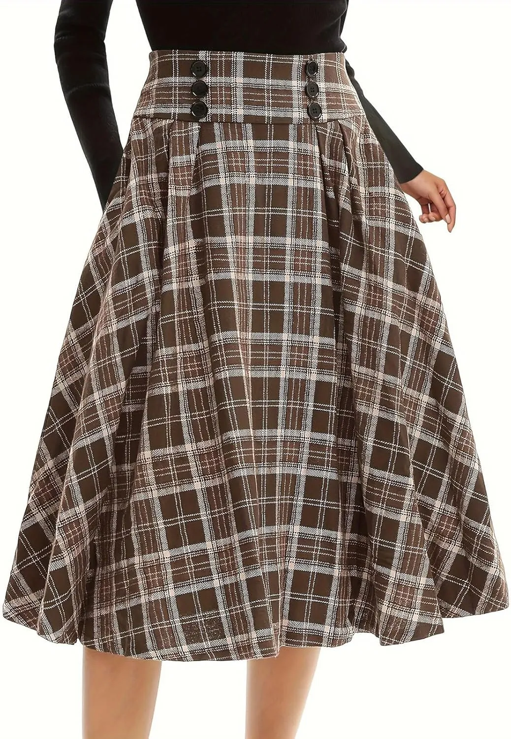 CHARTOU Women's Mid Long Elastic High Waisted Plaid A Line Skirt Pleated Casual Work Ladies Midi Skirts
