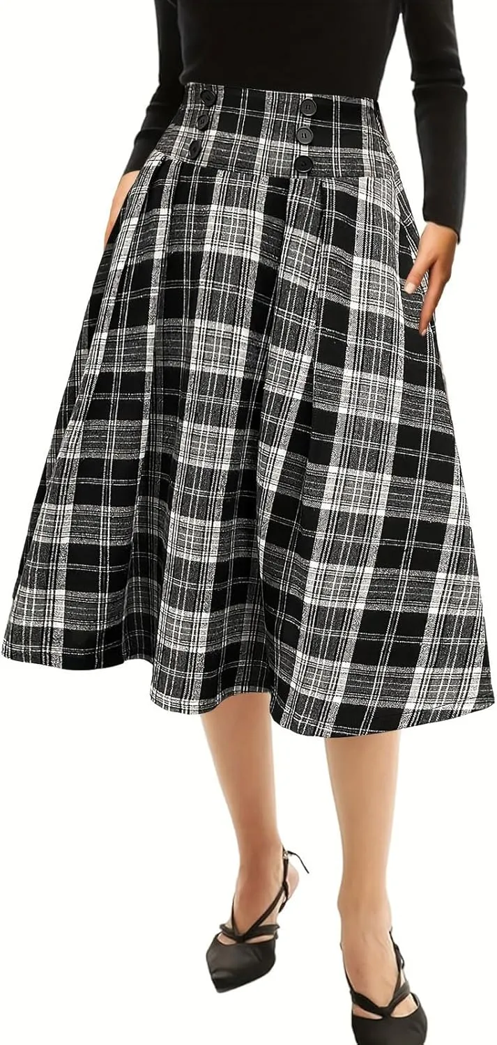 CHARTOU Women's Mid Long Elastic High Waisted Plaid A Line Skirt Pleated Casual Work Ladies Midi Skirts
