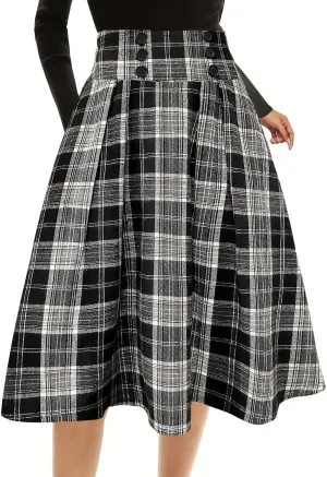 CHARTOU Women's Mid Long Elastic High Waisted Plaid A Line Skirt Pleated Casual Work Ladies Midi Skirts