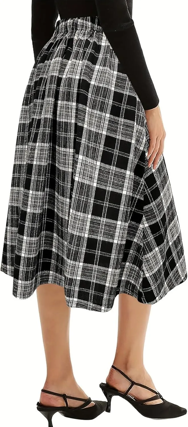CHARTOU Women's Mid Long Elastic High Waisted Plaid A Line Skirt Pleated Casual Work Ladies Midi Skirts