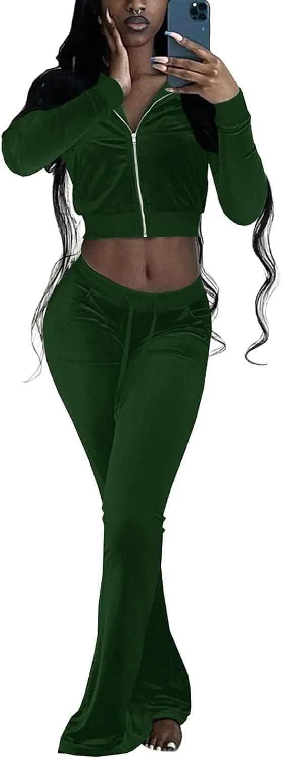 Chatinction Women's 2 Piece Outfit Velour Zip Up Crop Jacket and Bell Bottoms Long Pants with Pockets Tracksuit Set