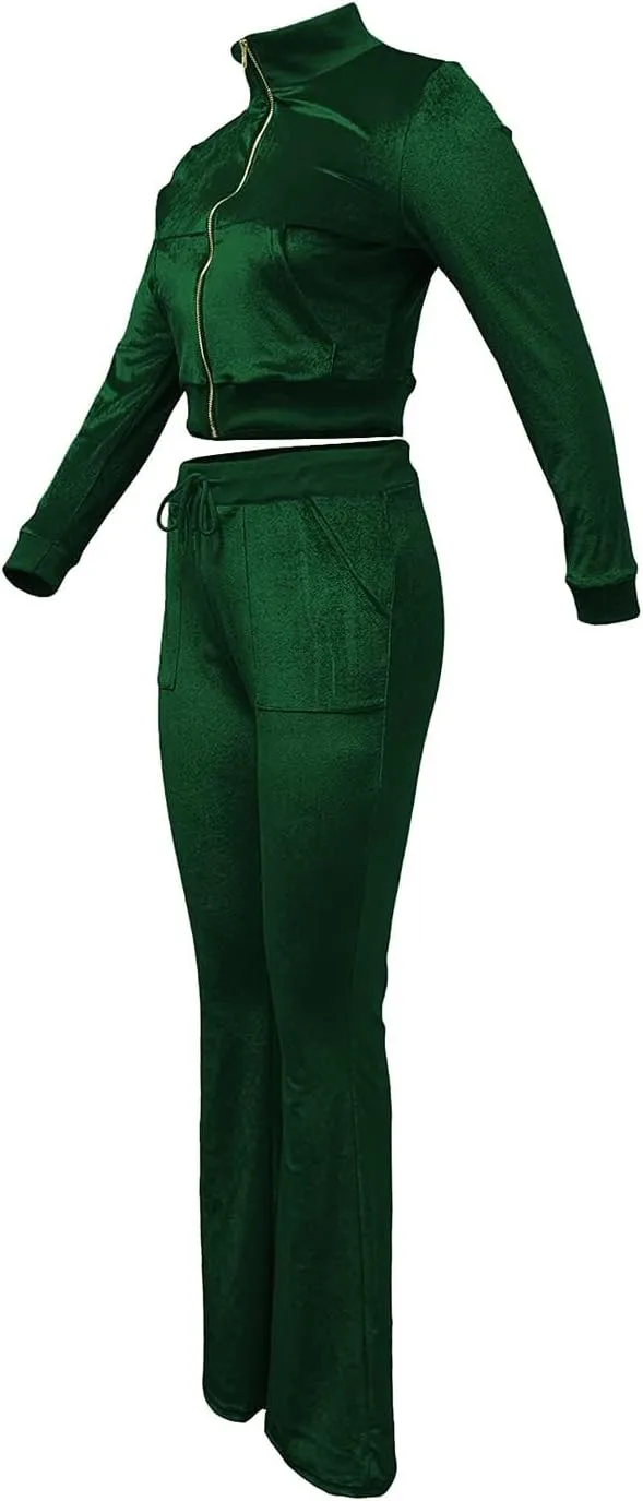 Chatinction Women's 2 Piece Outfit Velour Zip Up Crop Jacket and Bell Bottoms Long Pants with Pockets Tracksuit Set