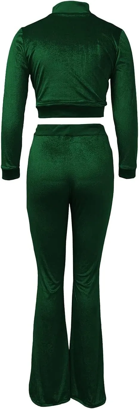 Chatinction Women's 2 Piece Outfit Velour Zip Up Crop Jacket and Bell Bottoms Long Pants with Pockets Tracksuit Set