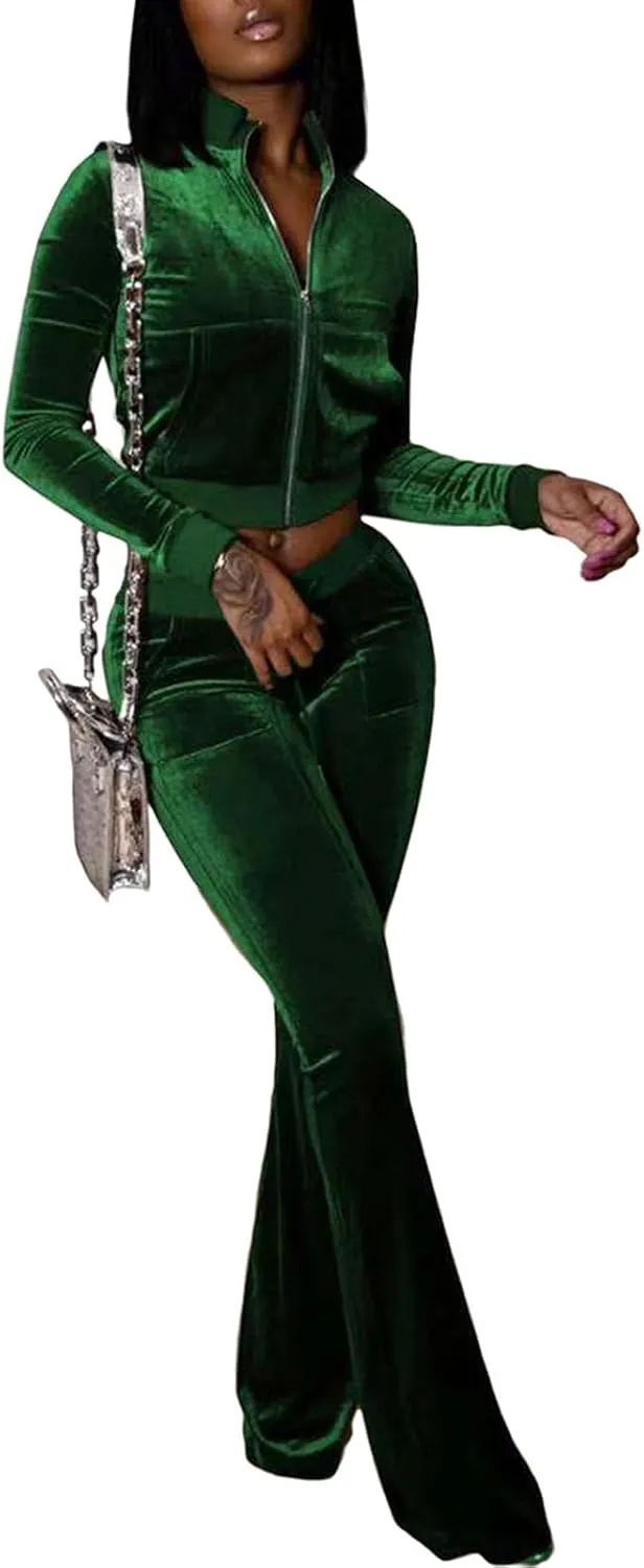 Chatinction Women's 2 Piece Outfit Velour Zip Up Crop Jacket and Bell Bottoms Long Pants with Pockets Tracksuit Set