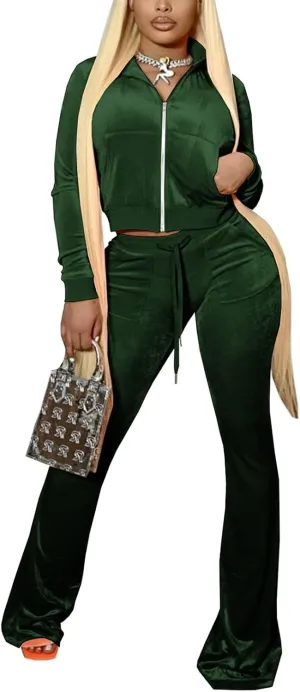 Chatinction Women's 2 Piece Outfit Velour Zip Up Crop Jacket and Bell Bottoms Long Pants with Pockets Tracksuit Set