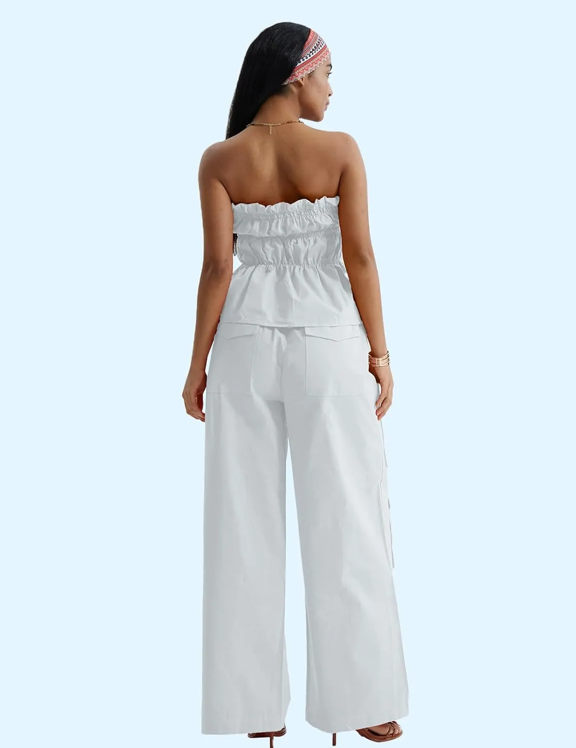 CHERFLY Women's 2 Piece Outfits 2025 Summer Sleeveless Sweatsuits Tube Top Cargo Pants with Pockets Casual Tracksuits