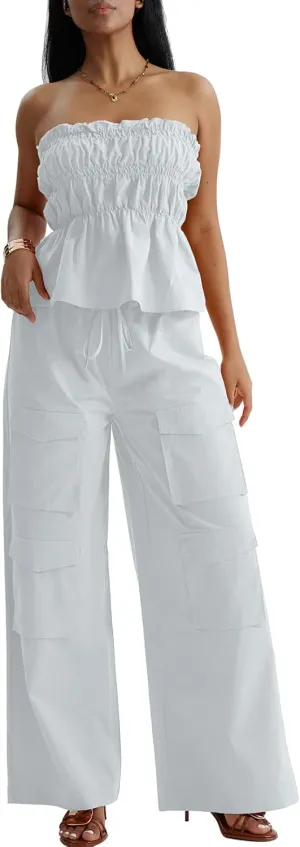 CHERFLY Women's 2 Piece Outfits 2025 Summer Sleeveless Sweatsuits Tube Top Cargo Pants with Pockets Casual Tracksuits