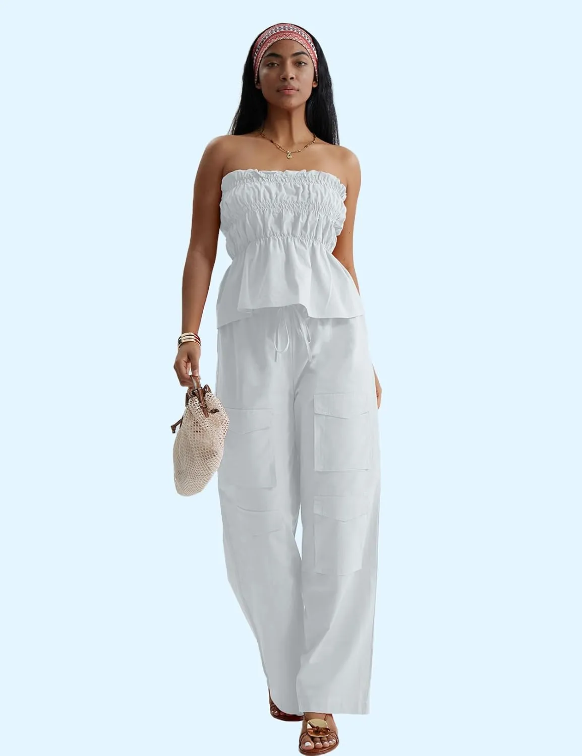 CHERFLY Women's 2 Piece Outfits 2025 Summer Sleeveless Sweatsuits Tube Top Cargo Pants with Pockets Casual Tracksuits