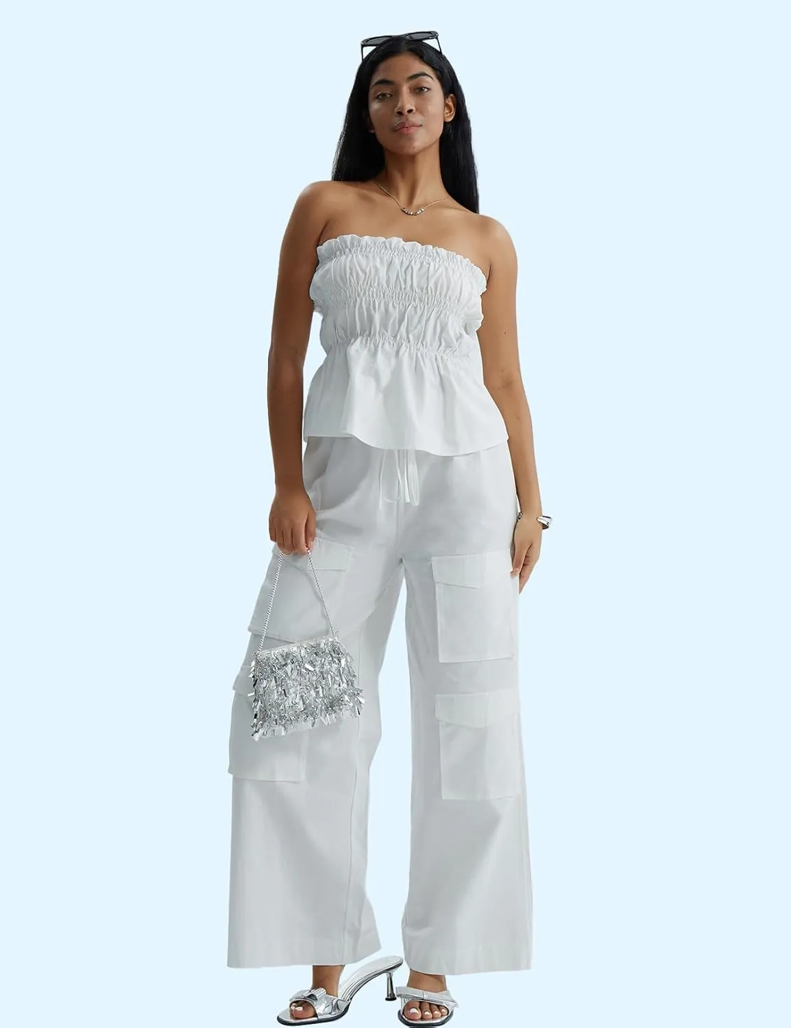 CHERFLY Women's 2 Piece Outfits 2025 Summer Sleeveless Sweatsuits Tube Top Cargo Pants with Pockets Casual Tracksuits