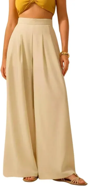 chouyatou Women's Casual Floral Print Wide Leg Beach Palazzo Pants Boho High Elastic Waist Dressy Culottes Trousers