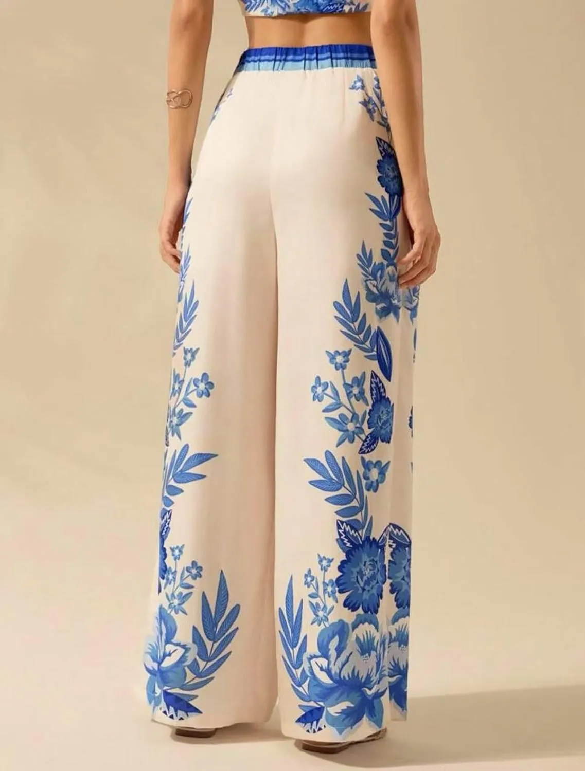chouyatou Women's Casual Floral Print Wide Leg Beach Palazzo Pants Boho High Elastic Waist Dressy Culottes Trousers