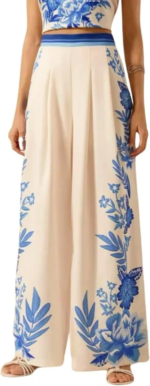 chouyatou Women's Casual Floral Print Wide Leg Beach Palazzo Pants Boho High Elastic Waist Dressy Culottes Trousers