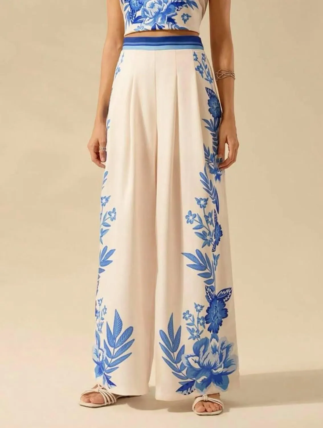chouyatou Women's Casual Floral Print Wide Leg Beach Palazzo Pants Boho High Elastic Waist Dressy Culottes Trousers