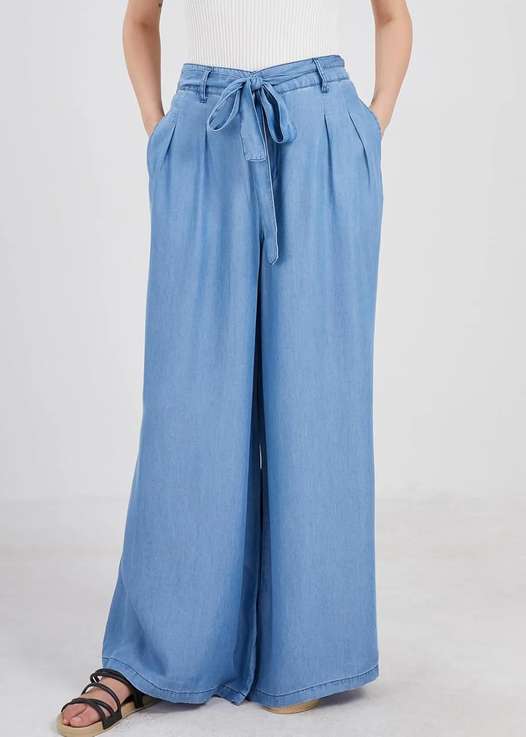 chouyatou Women's Casual Tie Knot Denim Pant High Waist Wide Leg Dressy Jean Pants Palazzo Culottes with Pockets