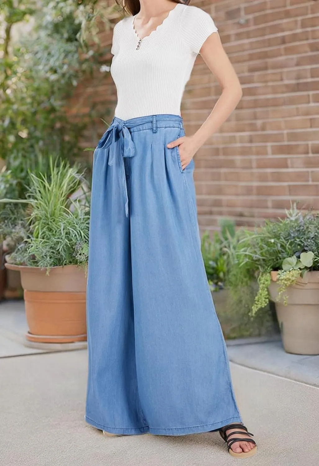 chouyatou Women's Casual Tie Knot Denim Pant High Waist Wide Leg Dressy Jean Pants Palazzo Culottes with Pockets