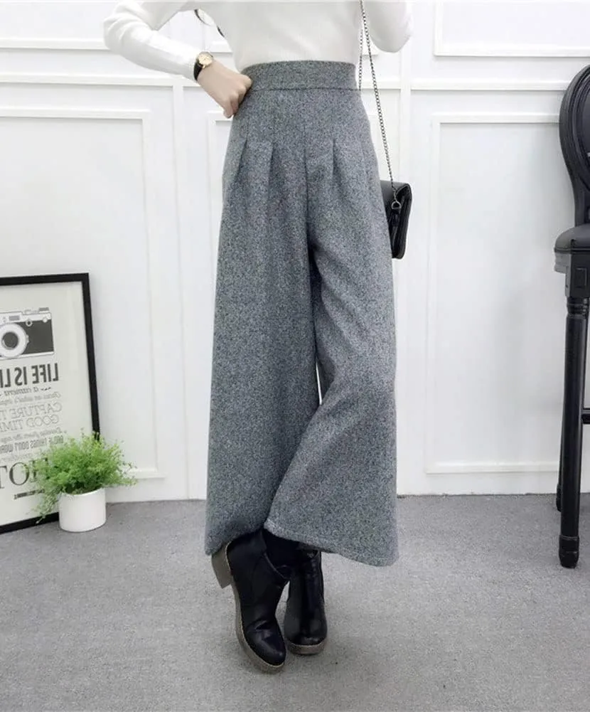 chouyatou Women's Winter High Waist Wide Leg Plaid Wool Blend Palazzo Capri Pants Culottes with Pockets