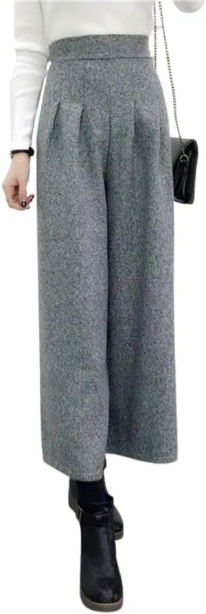 chouyatou Women's Winter High Waist Wide Leg Plaid Wool Blend Palazzo Capri Pants Culottes with Pockets