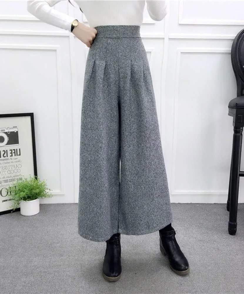 chouyatou Women's Winter High Waist Wide Leg Plaid Wool Blend Palazzo Capri Pants Culottes with Pockets