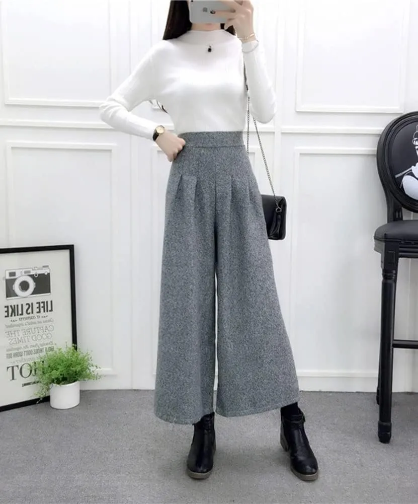 chouyatou Women's Winter High Waist Wide Leg Plaid Wool Blend Palazzo Capri Pants Culottes with Pockets