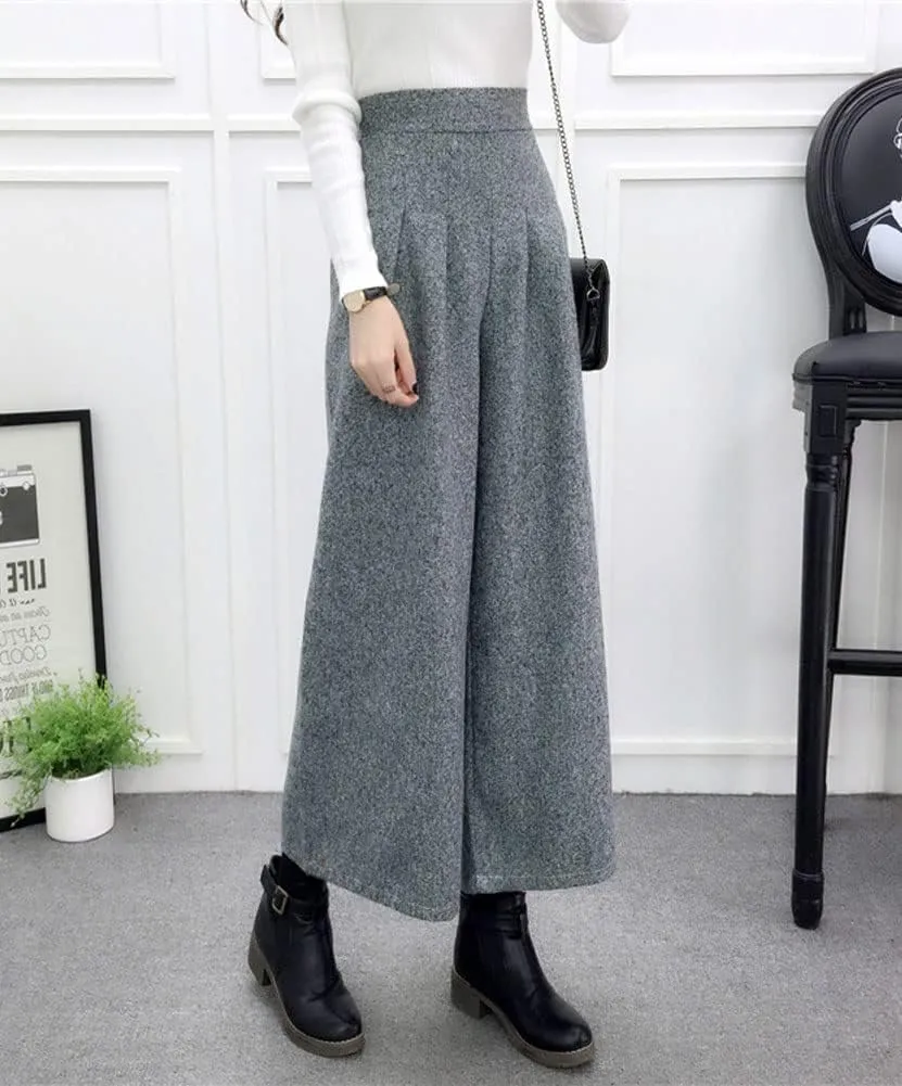 chouyatou Women's Winter High Waist Wide Leg Plaid Wool Blend Palazzo Capri Pants Culottes with Pockets
