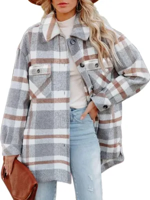 CHYRII Women's Casual Flannel Plaid Shacket Button Down Long Sleeve Shirt Jacket Coats with Pockets