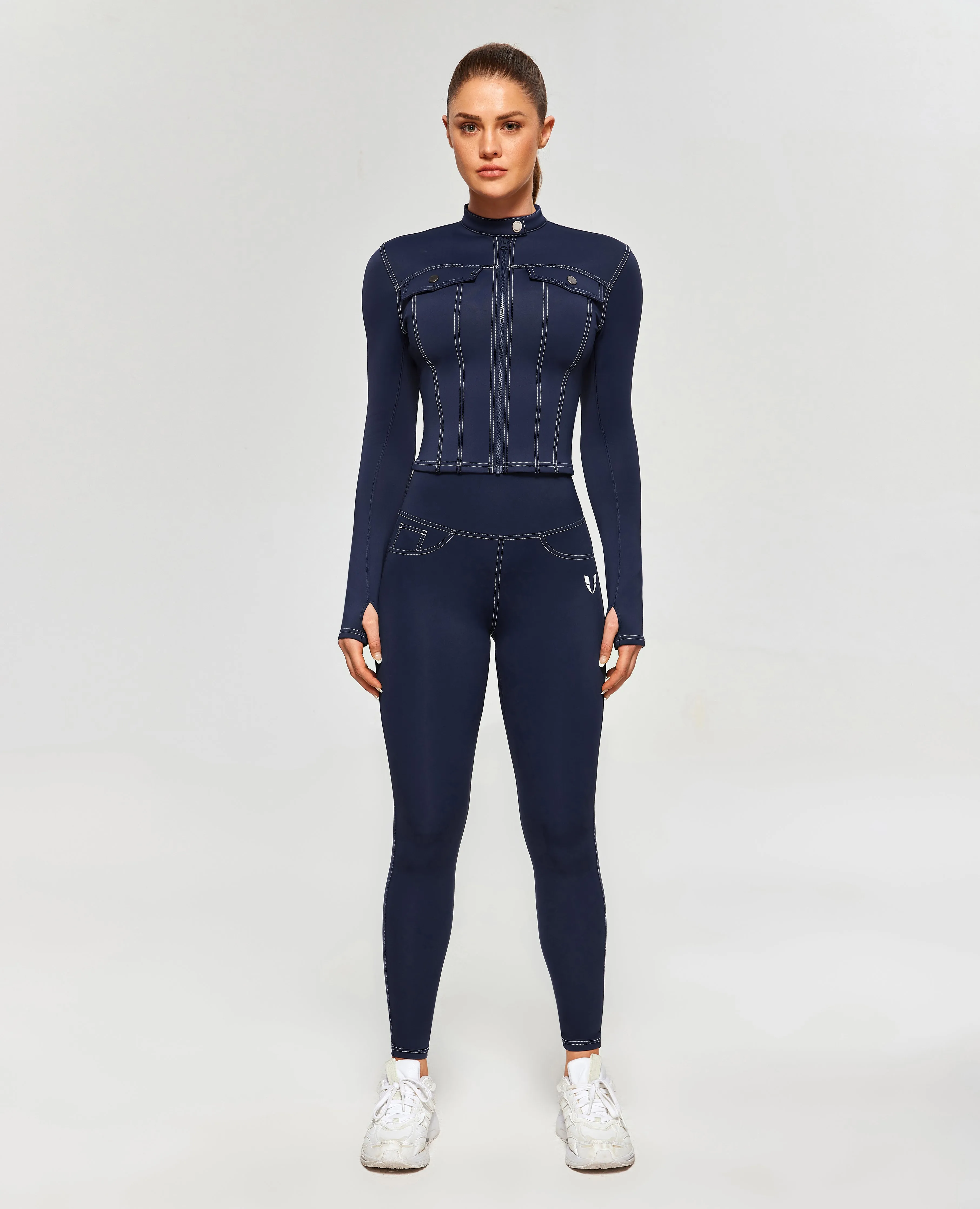 Contrast Stitching Moto Jacket - Navy Blue
