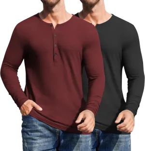 COOFANDY Men's 2Pack Slim Fit Henley Shirts Long Sleeve Lightweight Fashion Casual Cotton Basic T Shirts