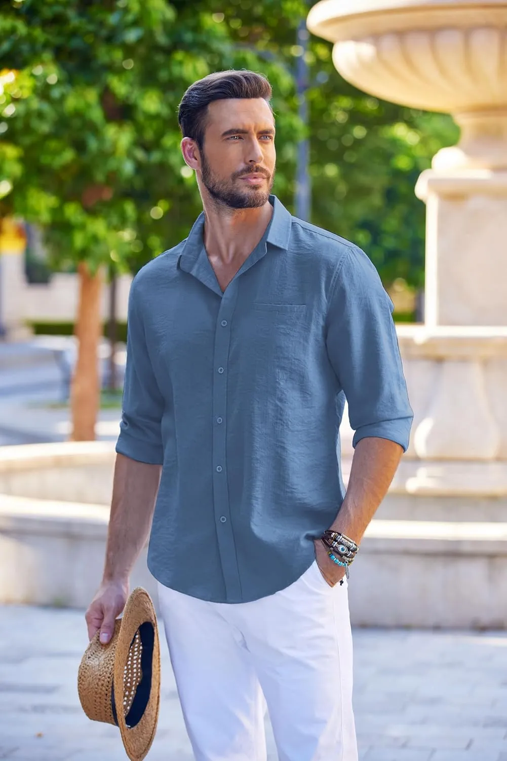 COOFANDY Men's Casual Long Sleeve Button Down Shirts Linen Dress Shirt Beach Summer Shirts with Pocket