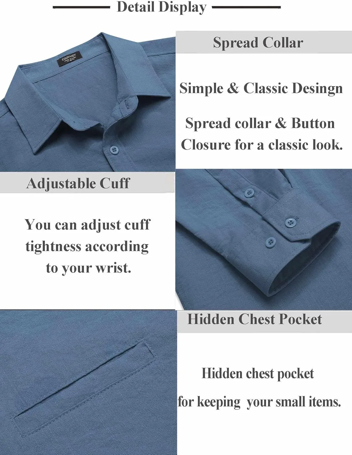 COOFANDY Men's Casual Long Sleeve Button Down Shirts Linen Dress Shirt Beach Summer Shirts with Pocket