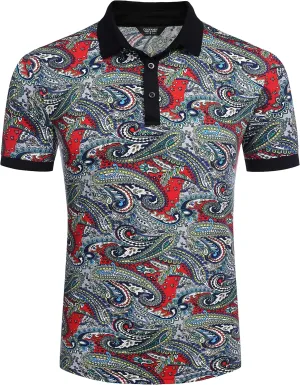 COOFANDY Mens Casual Short Sleeve Polo Shirts Slim Fit Paisley Polo T Shirts Floral Print Shirt
