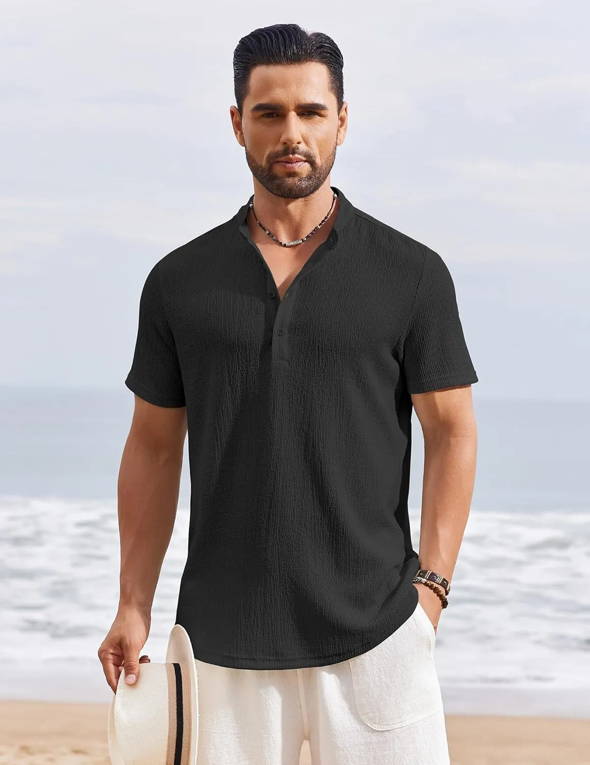 COOFANDY Men's Henley Shirt Short Sleeve Stand Collar Summer Casual Beach Hippie T-Shirts
