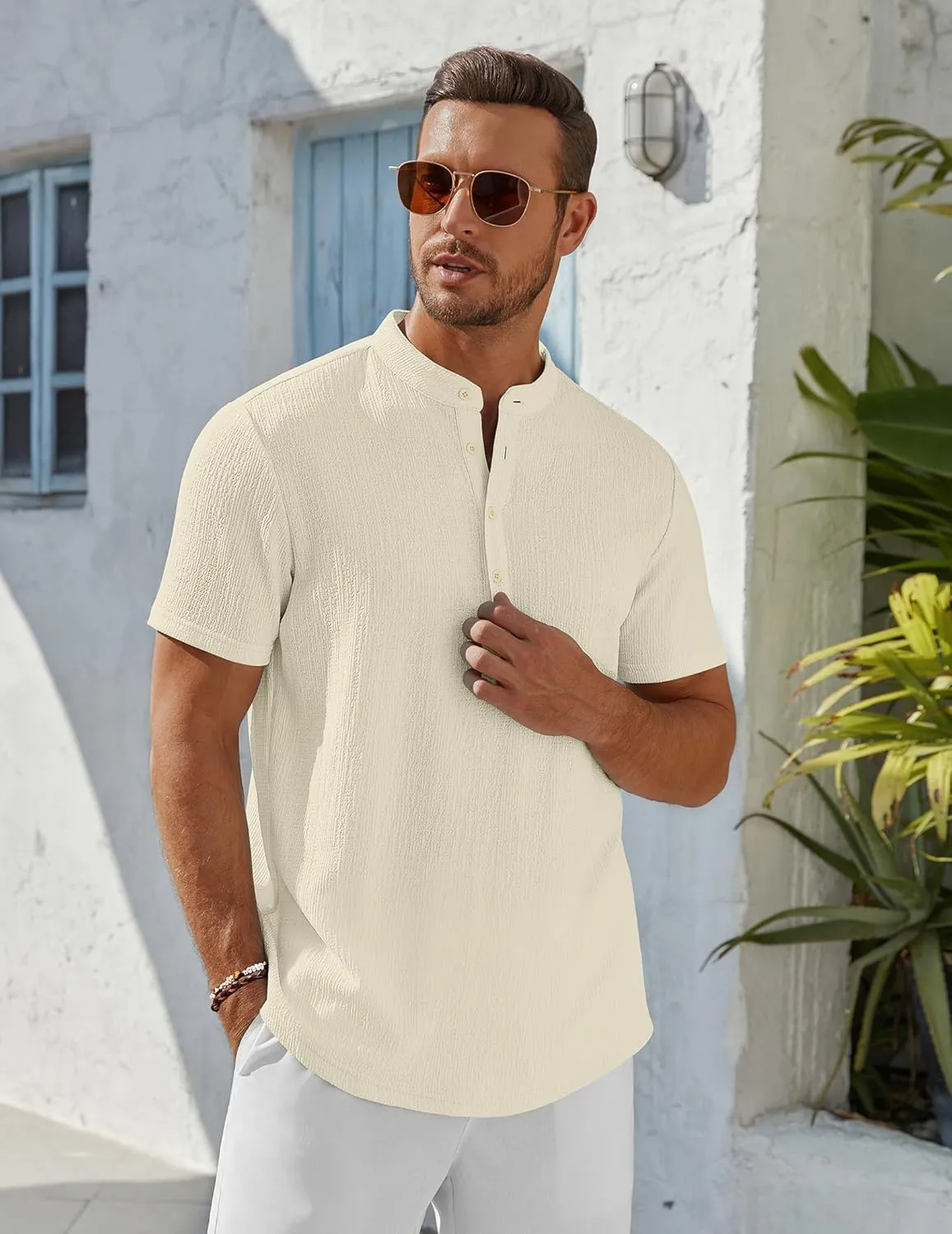 COOFANDY Men's Henley Shirt Short Sleeve Stand Collar Summer Casual Beach Hippie T-Shirts