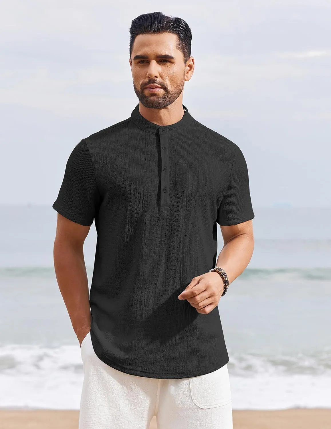 COOFANDY Men's Henley Shirt Short Sleeve Stand Collar Summer Casual Beach Hippie T-Shirts