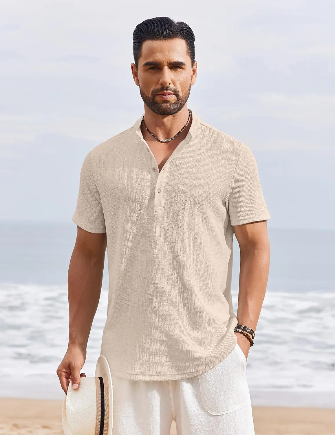COOFANDY Men's Henley Shirt Short Sleeve Stand Collar Summer Casual Beach Hippie T-Shirts
