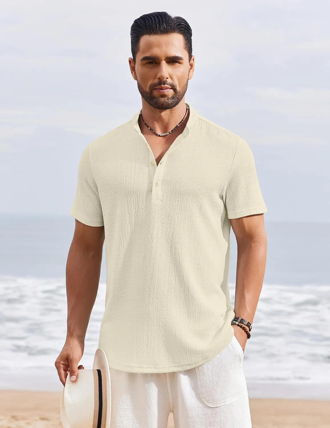 COOFANDY Men's Henley Shirt Short Sleeve Stand Collar Summer Casual Beach Hippie T-Shirts