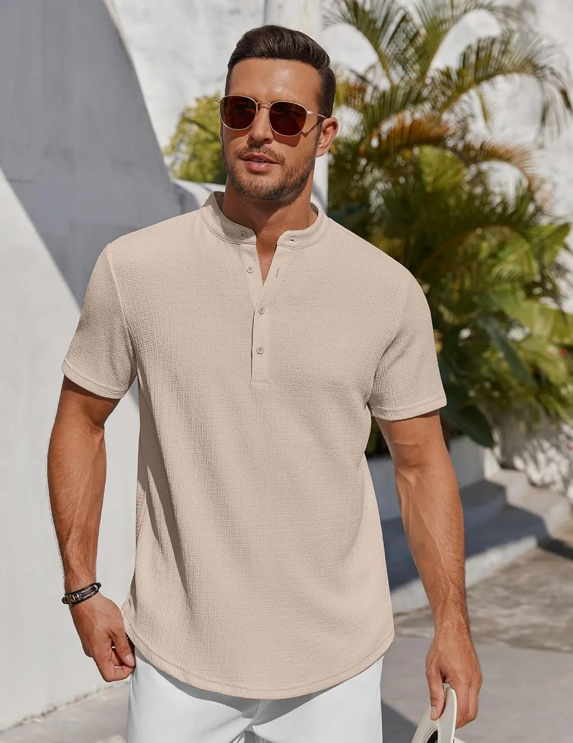 COOFANDY Men's Henley Shirt Short Sleeve Stand Collar Summer Casual Beach Hippie T-Shirts