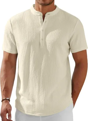 COOFANDY Men's Henley Shirt Short Sleeve Stand Collar Summer Casual Beach Hippie T-Shirts