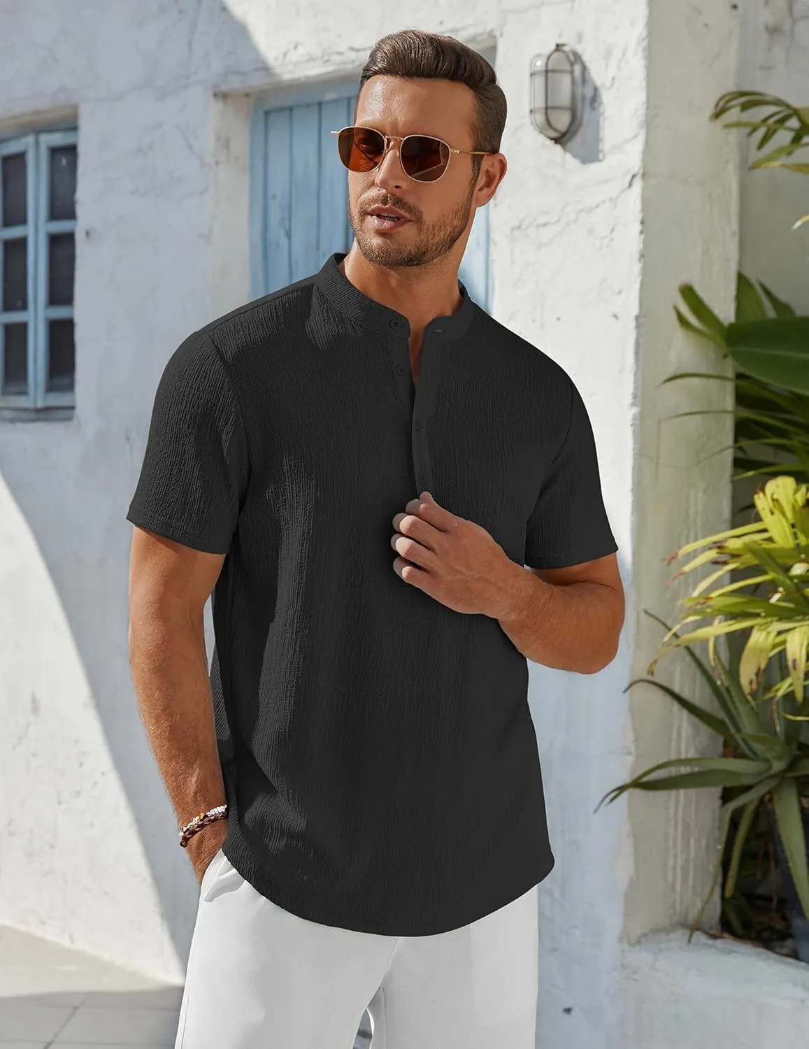 COOFANDY Men's Henley Shirt Short Sleeve Stand Collar Summer Casual Beach Hippie T-Shirts