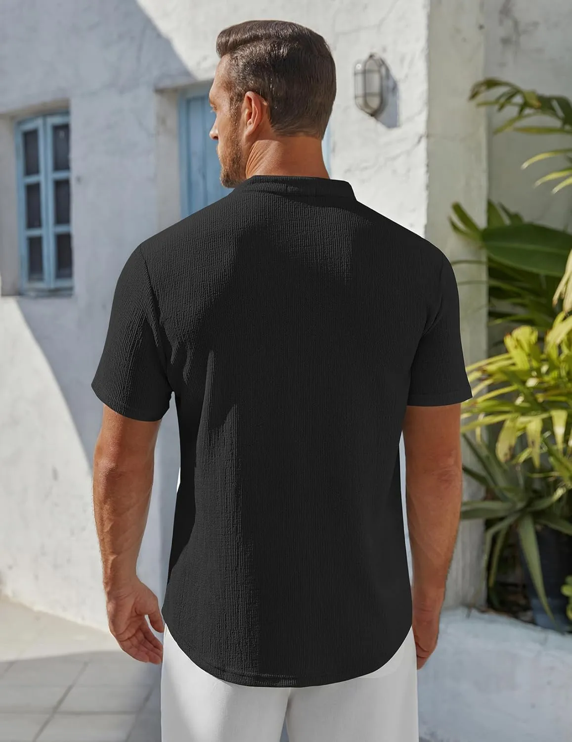 COOFANDY Men's Henley Shirt Short Sleeve Stand Collar Summer Casual Beach Hippie T-Shirts