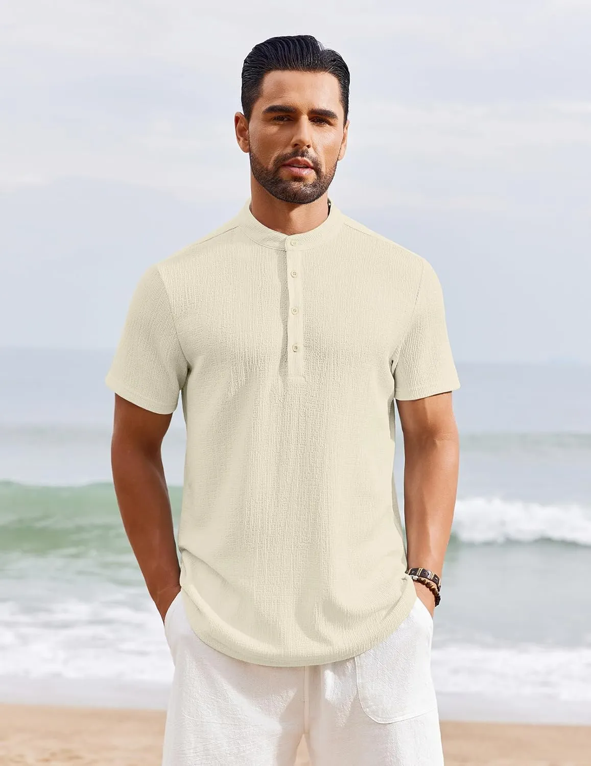 COOFANDY Men's Henley Shirt Short Sleeve Stand Collar Summer Casual Beach Hippie T-Shirts