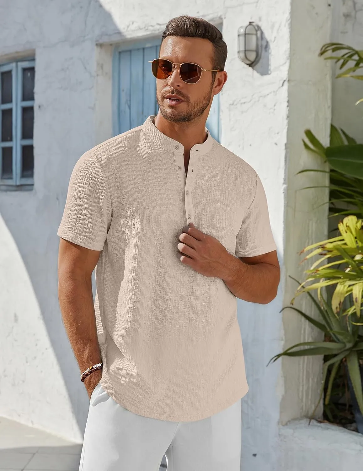COOFANDY Men's Henley Shirt Short Sleeve Stand Collar Summer Casual Beach Hippie T-Shirts