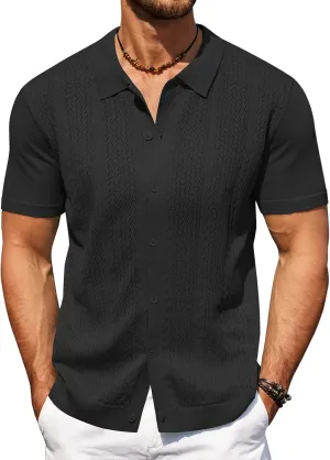COOFANDY Mens Knit Polo Shirts Short Sleeve Button Down Shirts Casual Crochet Shirt Summer Vintage Polo