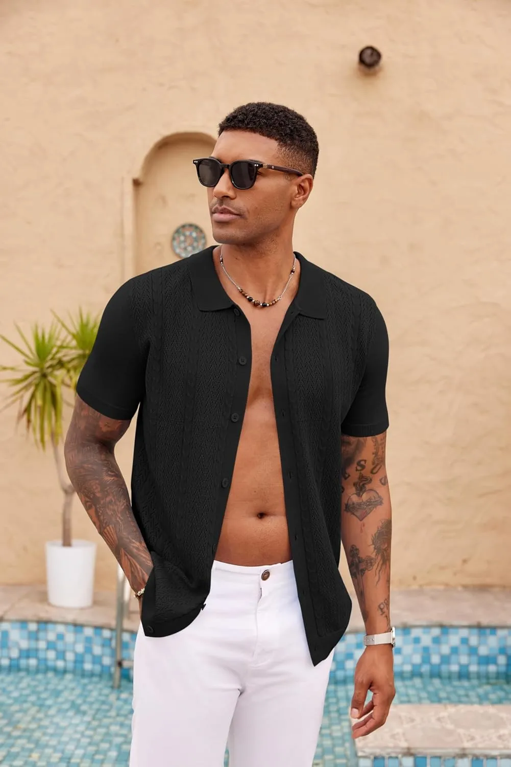 COOFANDY Mens Knit Polo Shirts Short Sleeve Button Down Shirts Casual Crochet Shirt Summer Vintage Polo