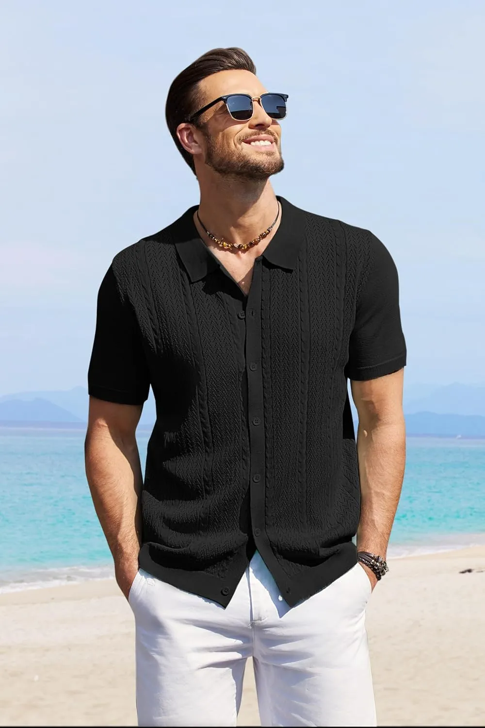 COOFANDY Mens Knit Polo Shirts Short Sleeve Button Down Shirts Casual Crochet Shirt Summer Vintage Polo