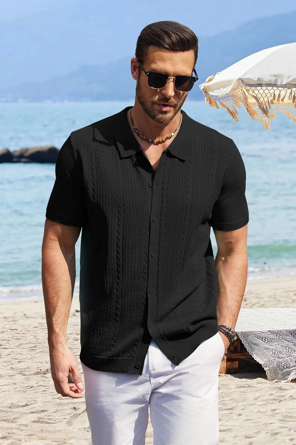 COOFANDY Mens Knit Polo Shirts Short Sleeve Button Down Shirts Casual Crochet Shirt Summer Vintage Polo