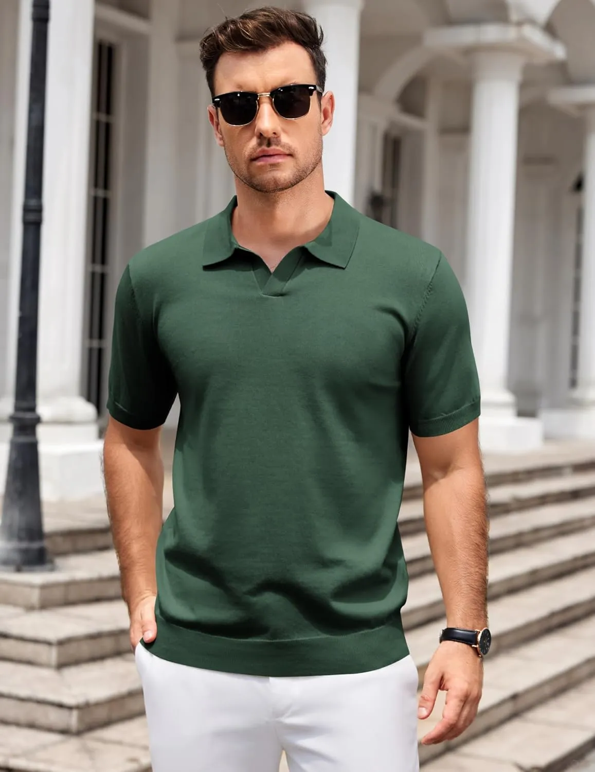 COOFANDY Mens Knit Polo Shirts V Neck Short Sleeve Stretch Polo T Shirt Casual Golf Shirts