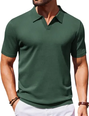 COOFANDY Mens Knit Polo Shirts V Neck Short Sleeve Stretch Polo T Shirt Casual Golf Shirts