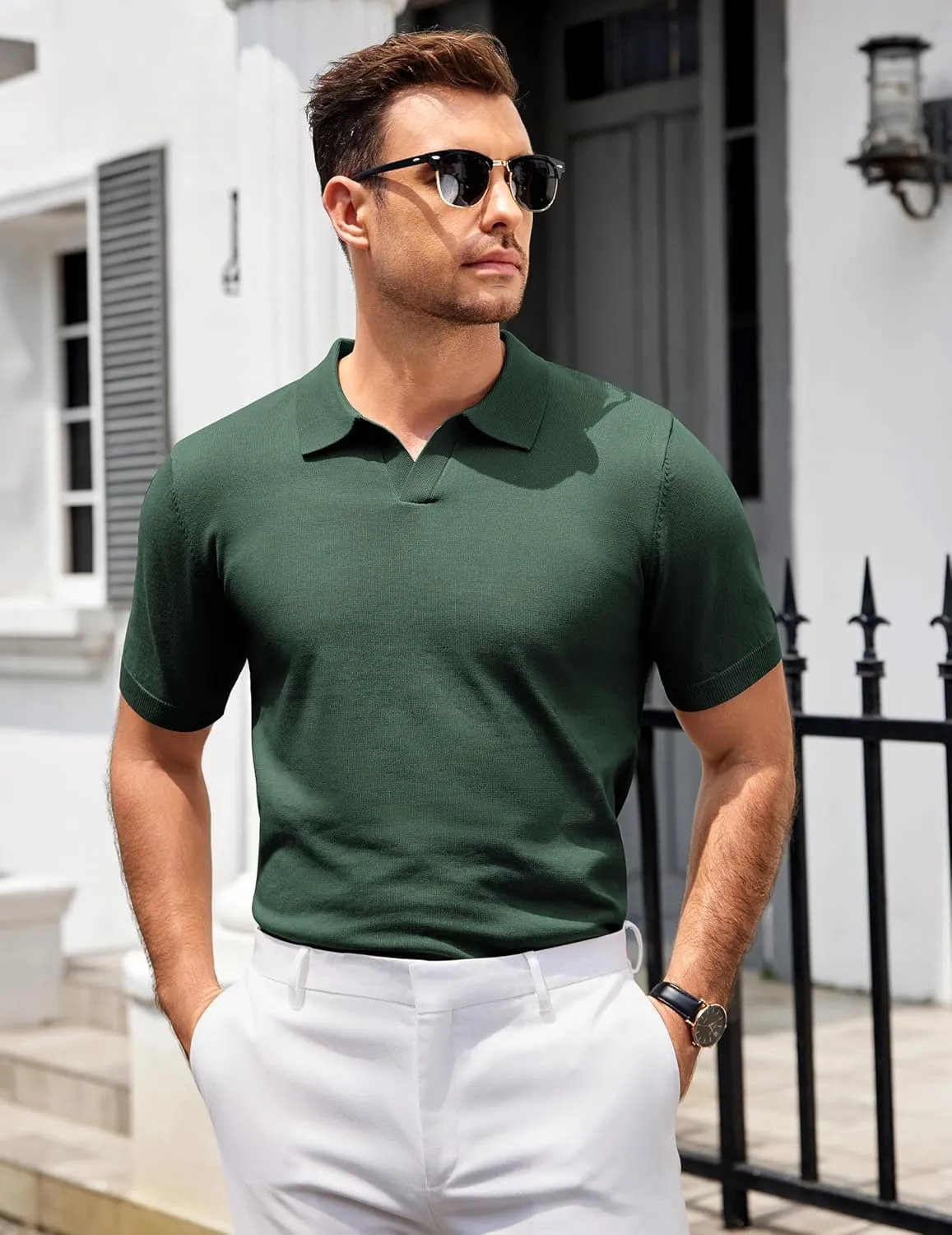 COOFANDY Mens Knit Polo Shirts V Neck Short Sleeve Stretch Polo T Shirt Casual Golf Shirts